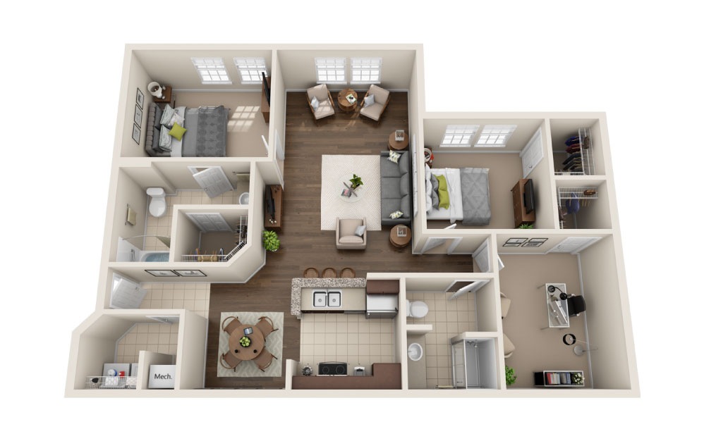 2D Den Solarium 2 Bed & 2 Bath Floor Plan At Cumberland Park Apartments
