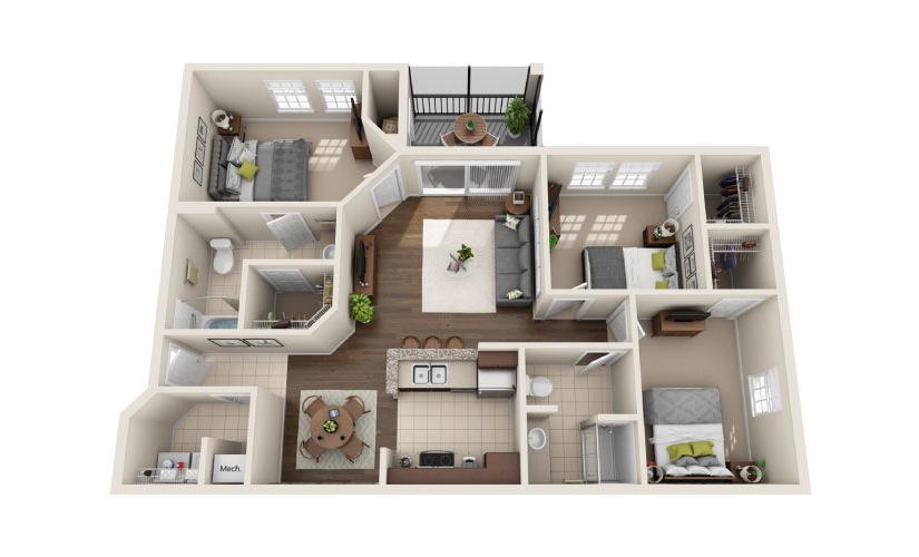 Festivity Patio 3 Bed & 2 Bath Floor Plan At Cumberland Park Apartments In Orlando, FL